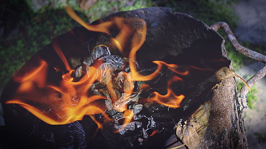 fuego, llama, madera, carbón de leña, ceniza, humo, calor