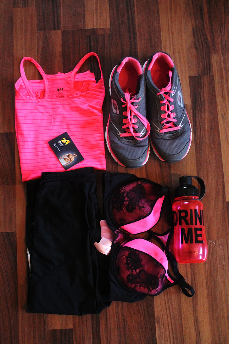 desporto, roupa de desporto, roupas, top de função, -de-rosa, cinza, preto