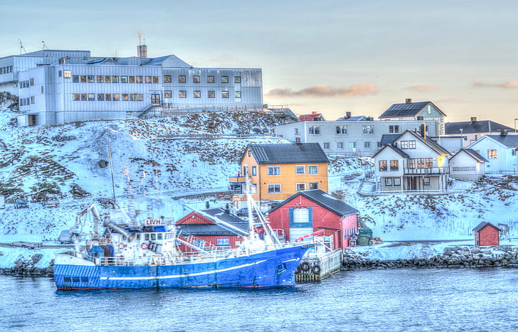 Norge, Mountain, arkitektur, båd, Honningsvag, kyst, sne