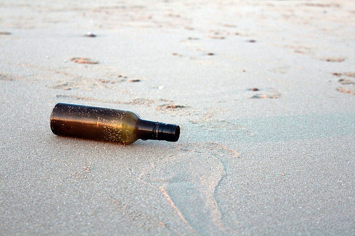 bottle, sand, beach, shore, sandy, glass, message