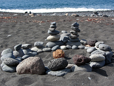 stranden, steiner, bølge, blå, sand, kysten, avslapning