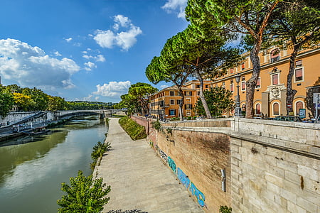 rome, river, tiber, italy, sky, trees, bridge