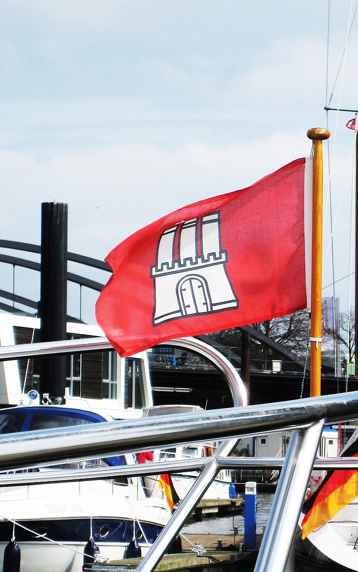 Hamburg, maritima, hamn, hamburgisch, flagga av hamburg, schifsbug, hamnstad