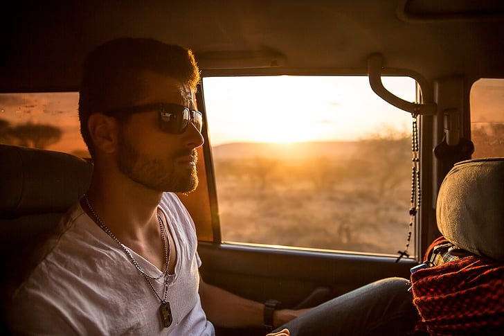 man, wearing, sunglasses, sitting, behind, driver, set