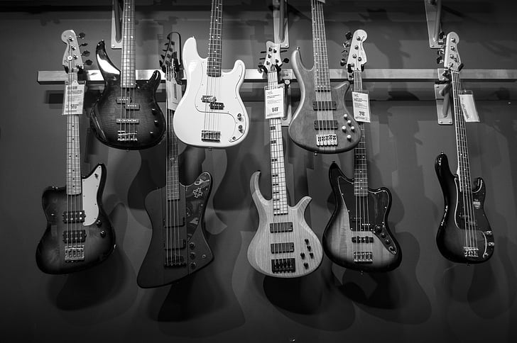 akustik, basguitarer, sort-hvid, samling, design, elektriske guitarer, guitar