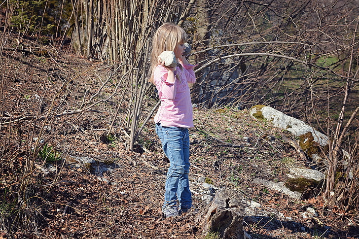child, girl, blond, nature, out, forest, stones