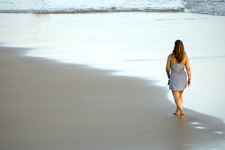 week-end, femeie, plajă, de mers pe jos, plimbare, apa, valuri