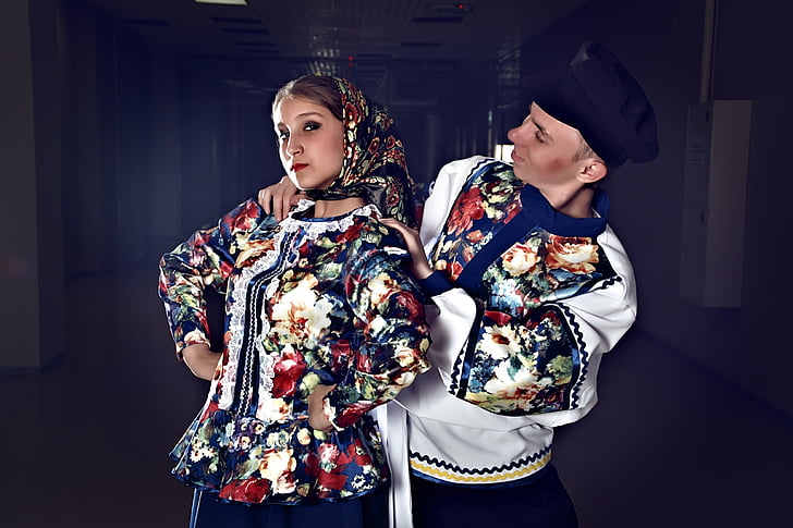 russisk, traditioner, folkedans, mode, tøj, par