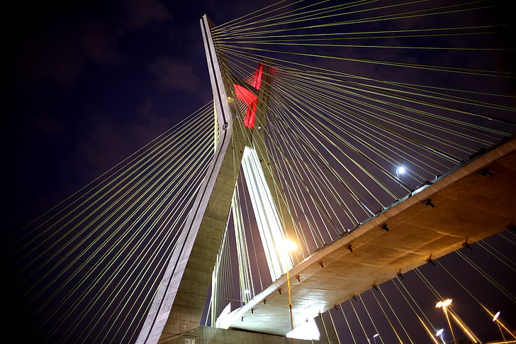 Pont, suspès en cables, São paulo, arquitectura, postal, llums, nit