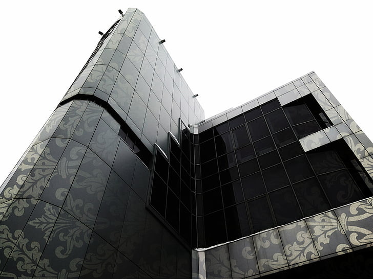 architecture, black-and-white, building, low angle shot, perspective, skyscraper, building Exterior