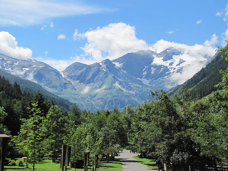 austria, mountains, sky, blue, clouds, landscape, trees