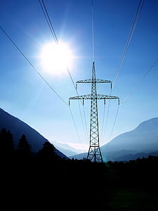 sun, power poles, gurgltal, energy, electricity, power Line, mountain