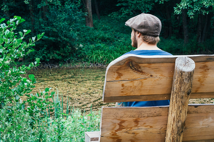 bench, man, back view, sorrow, pond, nature, silence