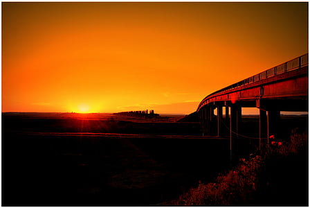 hoge, manier, zonsondergang, zon, brug, oranje kleur, vervoer