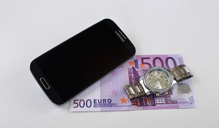reloj de pulsera, teléfono móvil, profesional, dinero, riqueza, 500, moneda