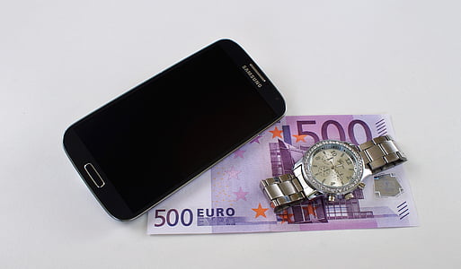armbåndsur, mobiltelefon, profesjonell, penger, rikdom, 500, valuta