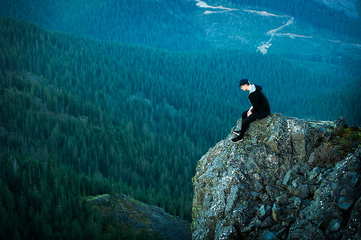 man, gray, mountain, rock, hill, cliff, people