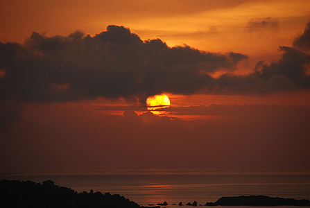 sunset, sun, clouds, horizon, sea, summer