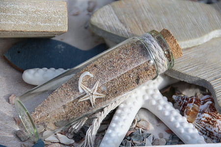 message in a bottle, starfish, mussels, deco, sea, coast, beach