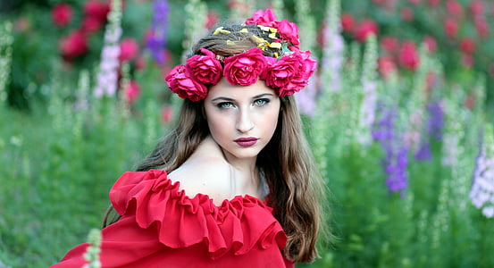 girl, flowers, wreath, red, one person, beautiful woman, outdoors