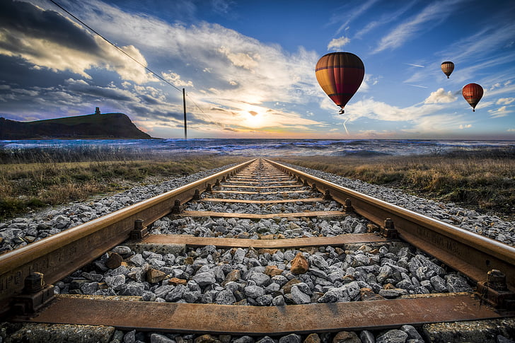 heiße-Luft-Ballon-Tal-Himmel, Bahngleise, alt, Eisenbahn, Titel, Schienen, Jura-Küste-Dorset-Sonnenuntergang-ocean