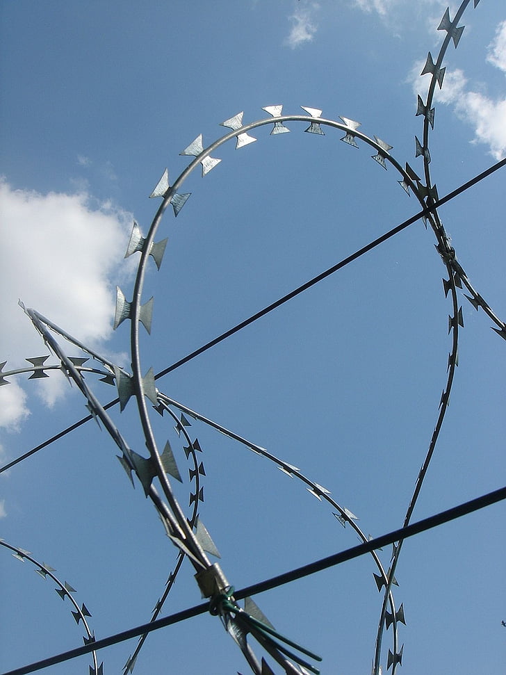 wire, fence, spines, heaven, sky, blue, electricity
