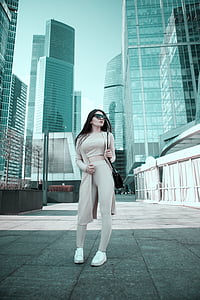 high, girl, moscow city, photoshoot, white cape, pants, top