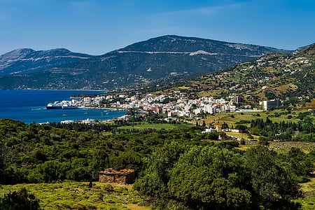 marmari, greece, town, city, landscape, mountains, bay