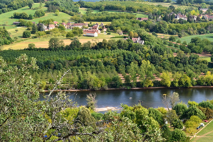 folyó, Dordogne, Légifelvételek, Franciaország, erdő, táj, falu