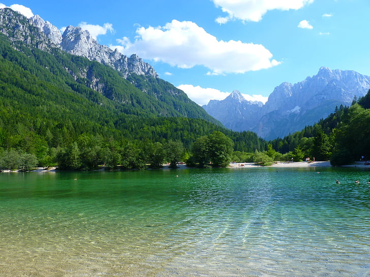 Slovēnija, kalni, ezers, ainava, ūdens, skaidrs, mākoņi