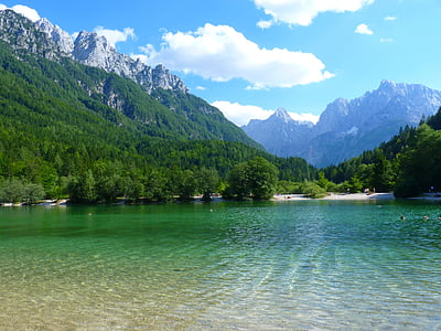 slovenia, mountains, lake, landscape, water, clear, clouds