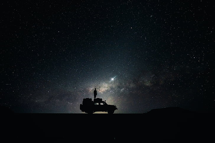 silhouette, photo, vehicle, parked, background, stars, car
