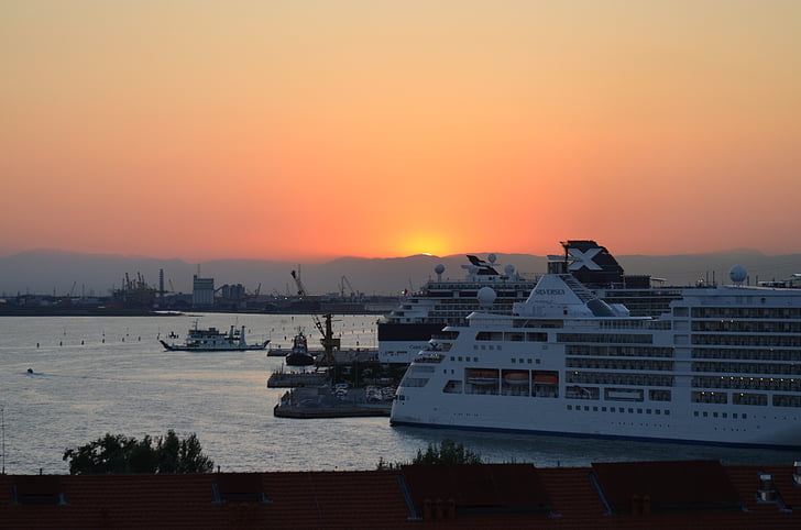 Venedig, hamn, kryssningsfartyg, Lagoon, solnedgång, turism, fartyg