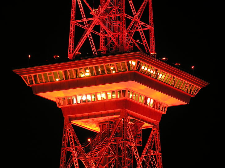 radio tower, berlin, night, red, illuminated, lighting