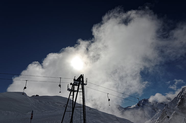 Αναβατήρας σκι, σκι, χιόνι, Ήλιος, σύννεφο, βουνά, ο καιρός το επιτρέπει