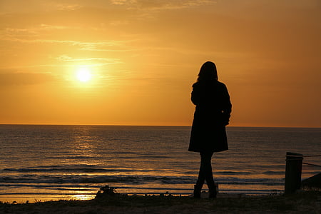 stranden, solnedgang, solen, oransje himmelen, kveld, sjøen, Horizon over vann