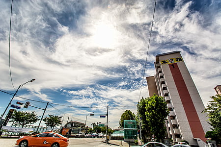 buildings, street, traffic, seoul, yeoido, sky, cloud