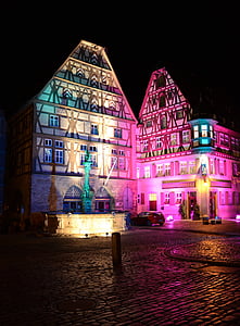 Rothenburg ob der tauber, Německo, budovy, město, město, městský, noční