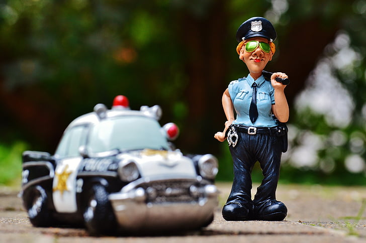 policewoman, police, police car, figure, funny, fun, handcuffs