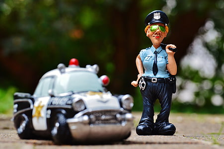 policia, policia, cotxe de policia, figura, divertit, diversió, manilles