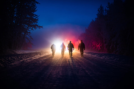 silhueta, homens, caminhando, luz de fundo, à noite, estrada, rural