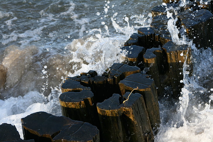 baltic sea, wood, spray, wave, beach, old, weathered