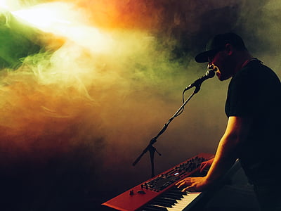 man, playing, red, electronic, keyboard, musician, singing