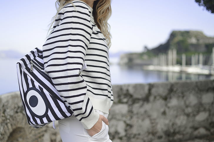 people, woman, fashion, stripes, white, bag, striped