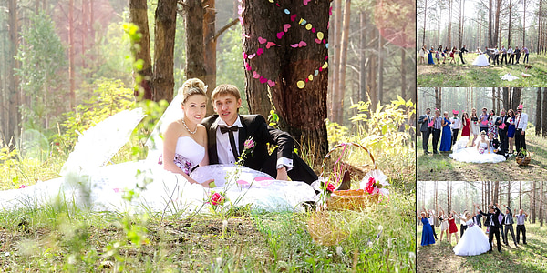 bröllop, bruden, brudgummen, smekmånaden, naturen, brudbukett, klänning