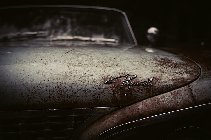 Plymouth, Oldtimer, oxidado, etiqueta, marca de fábrica, fabricante, antiguo