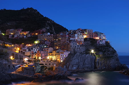 houses, mountain, beside, body, water, night, time