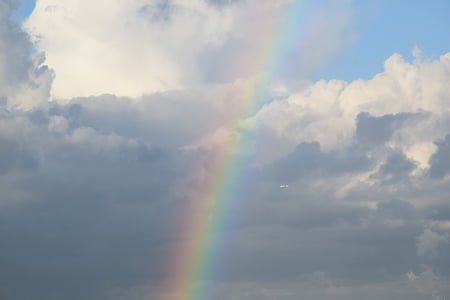 Rainbow, ładne, horyzont, Natura, tło, zachmurzone niebo, chmury