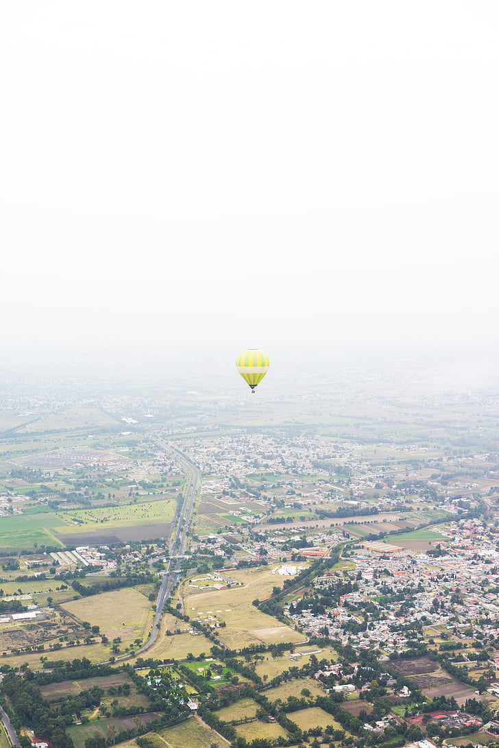 fotos, groc, calenta, aire, globus, volar, globus aerostàtic