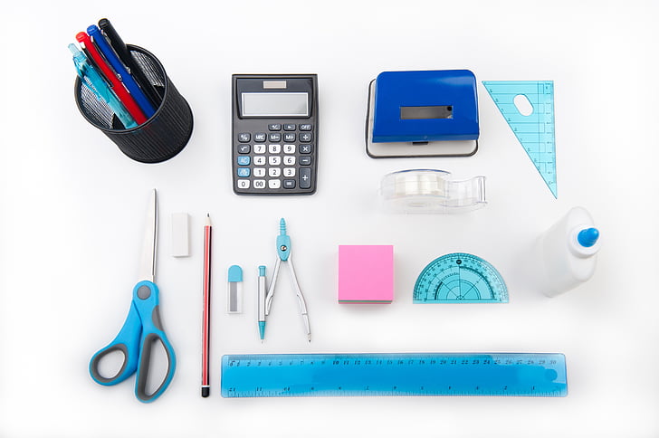 calculator, compass, desk, equipment, eraser, fastener, glue